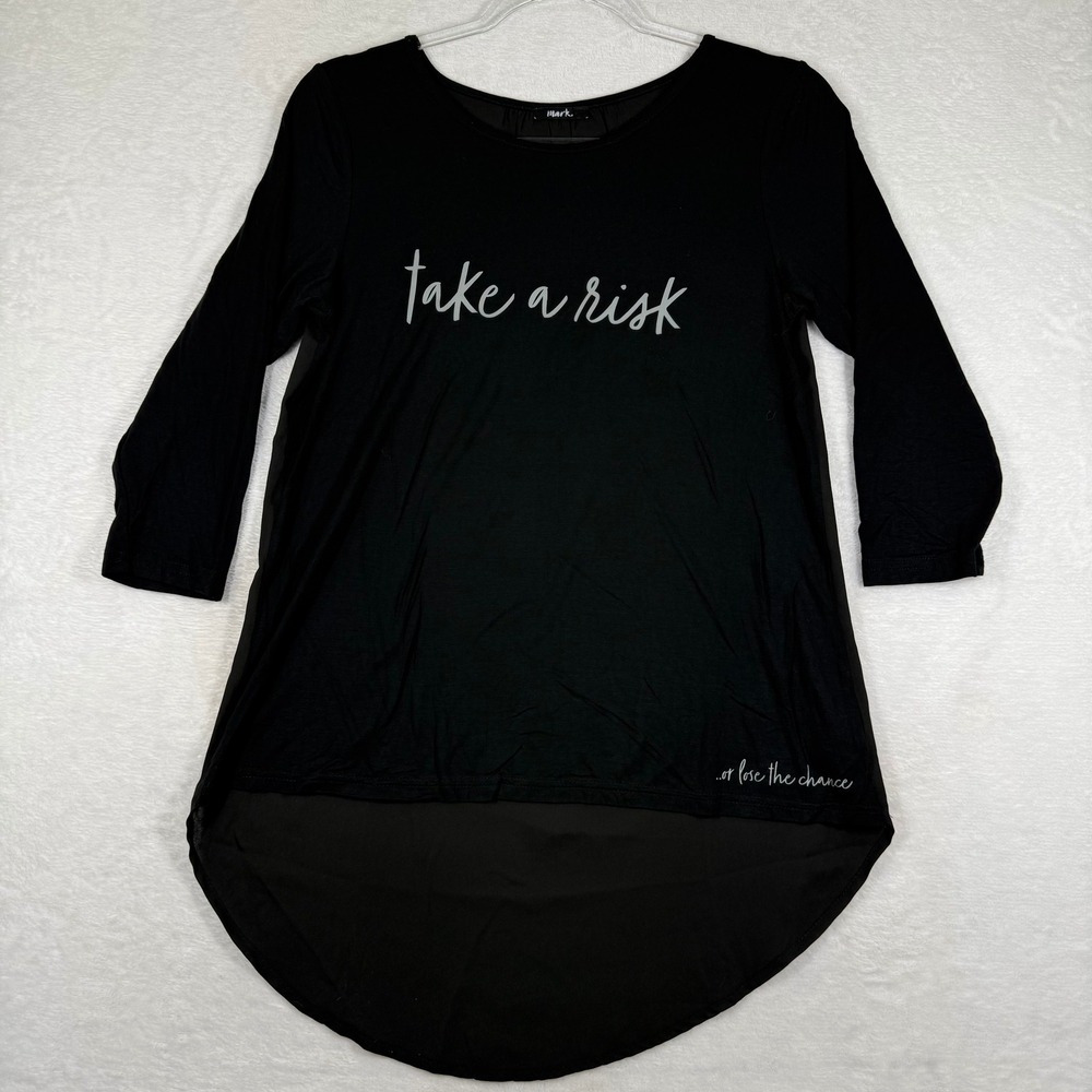 mark. Womens Black Take A Risk Graphic High-Low Mixed Media Tunic Top Small 4-6